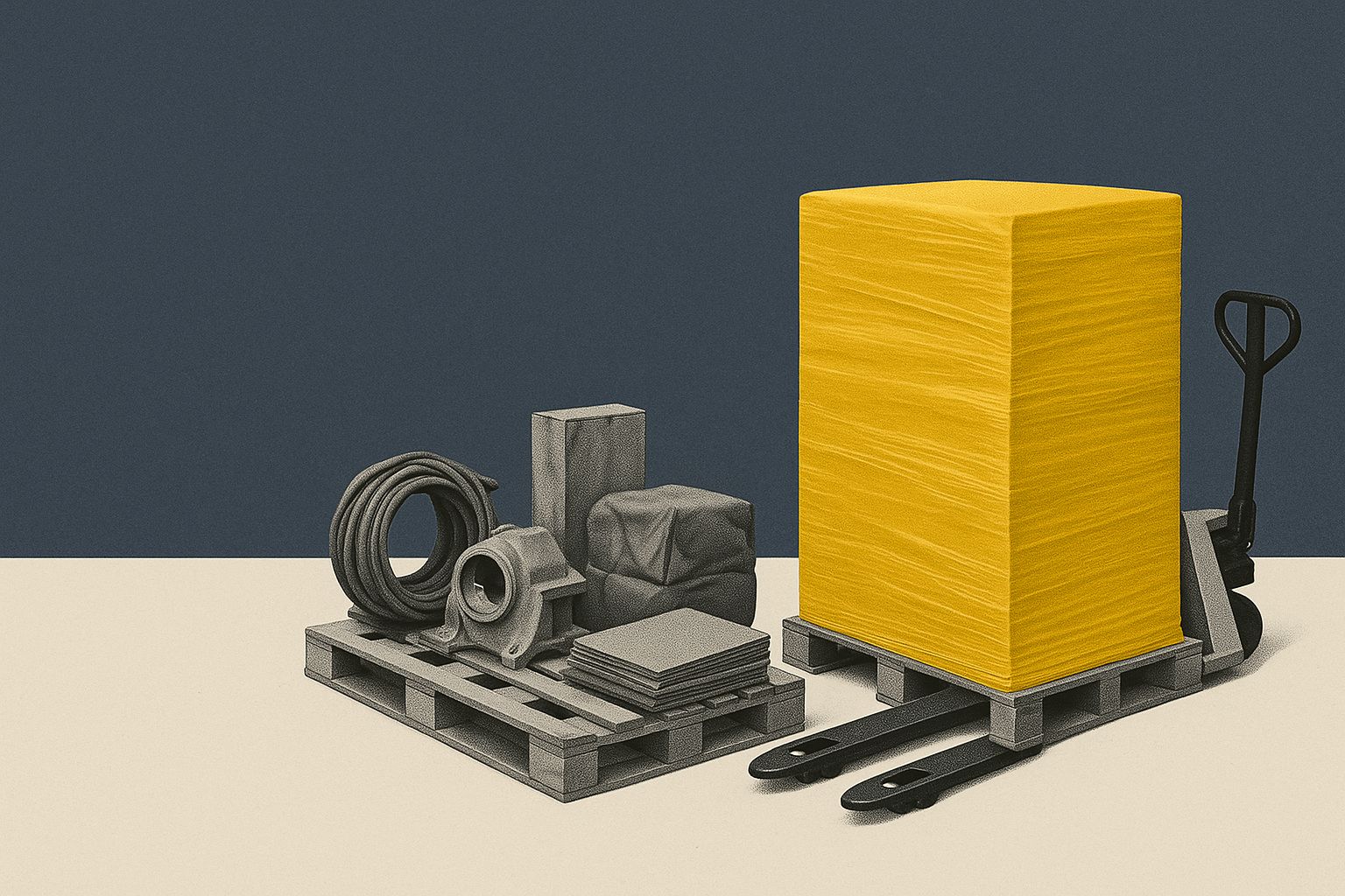 Two pallets of the same freight in grayscale cut-out collage, one shrink-wrapped into an opaque block and one open with its contents visible and countable
